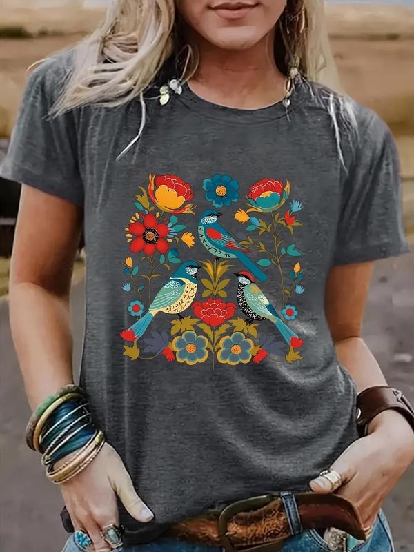 Bird Floral Print Round Neck Casual Short Sleeve Crew - Adult & Kids T-Shirts, Sweatshirts & Hoodies apparel design preview 1
