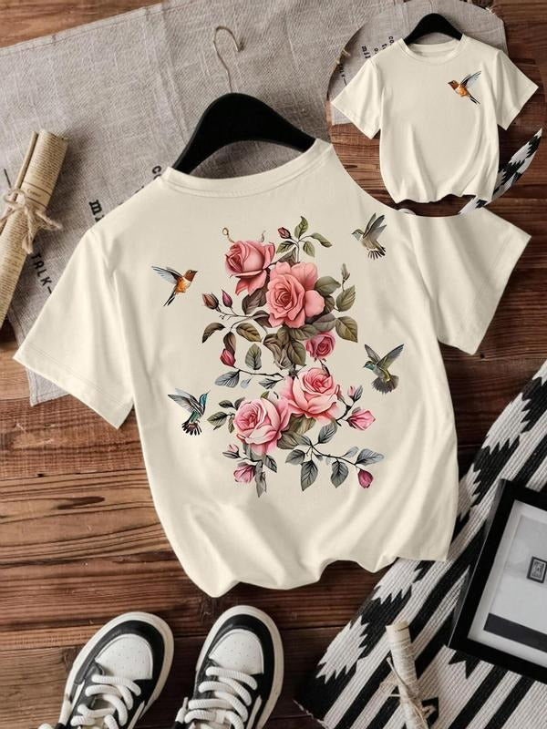 Bird Rose Print Round Neck Casual Short Sleeve Crew - Adult & Kids T-Shirts, Sweatshirts & Hoodies apparel design preview 1