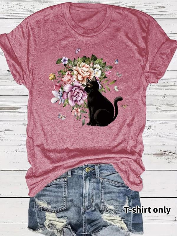 Black Cat Floral Print Round Neck Casual Short Sleeve - Adult & Kids T-Shirts, Sweatshirts & Hoodies apparel design preview 1