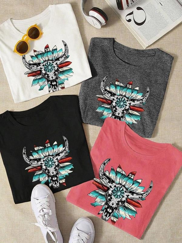 Bull Head Floral Print Round Neck Casual Short Sleeve - Adult & Kids T-Shirts, Sweatshirts & Hoodies apparel design preview 1