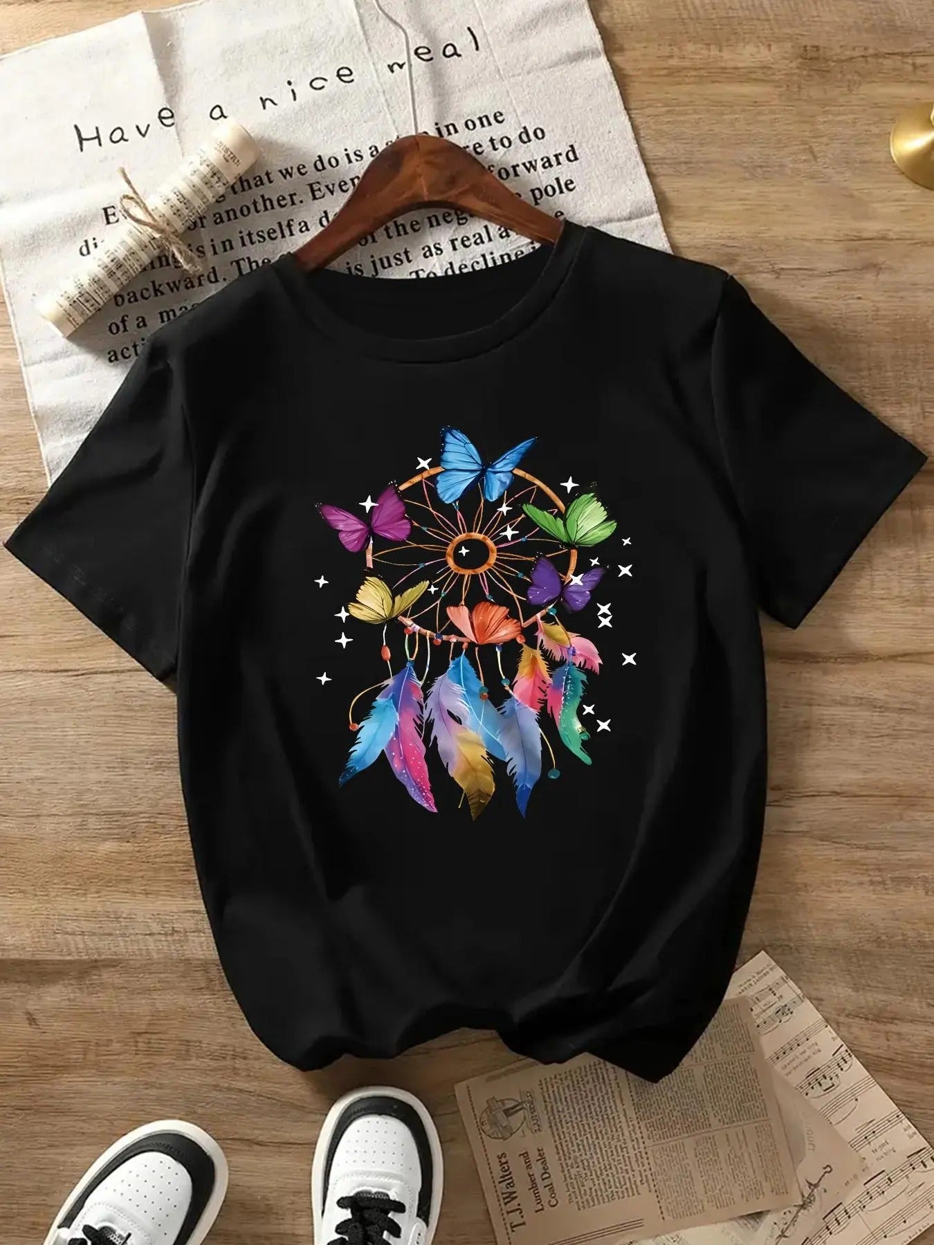 Butterfly Feather Print Round Neck Casual Crew Short - Adult & Kids T-Shirts, Sweatshirts & Hoodies apparel design preview 1