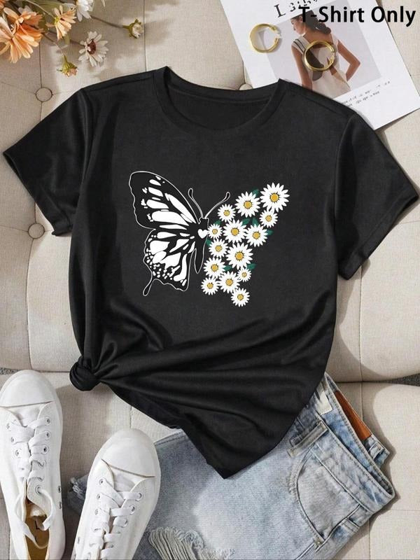 Butterfly Floral Print Round Neck Casual Short Sleeve - Adult & Kids T-Shirts, Sweatshirts & Hoodies apparel design preview 1