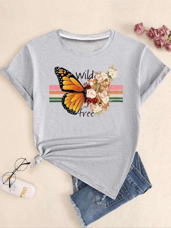 Butterfly Floral Print Round Neck Casual Letter Short - Adult & Kids T-Shirts, Sweatshirts & Hoodies apparel design preview 1
