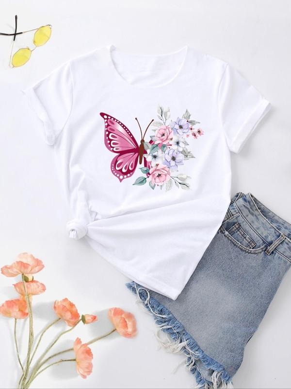 Butterfly Floral Print Round Neck Casual Short Sleeve - Adult & Kids T-Shirts, Sweatshirts & Hoodies apparel design preview 1