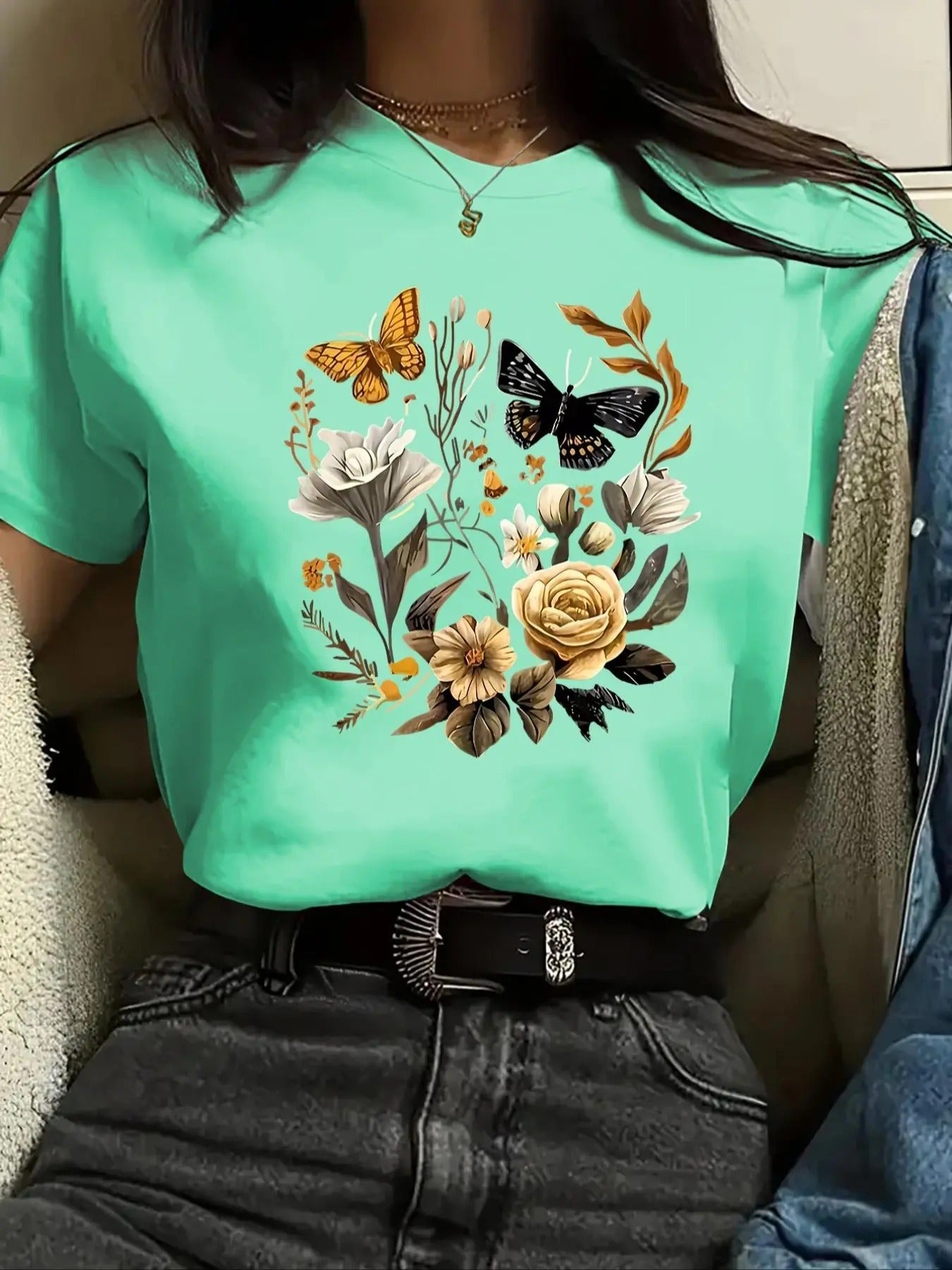 Butterfly Floral Print Round Neck Short Sleeve Crew - Adult & Kids T-Shirts, Sweatshirts & Hoodies apparel design preview 1
