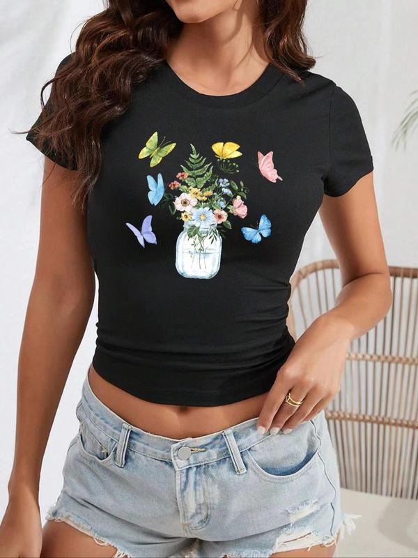 Butterfly Plants Print Round Neck Crop Casual Crew - Adult & Kids T-Shirts, Sweatshirts & Hoodies apparel design preview 1