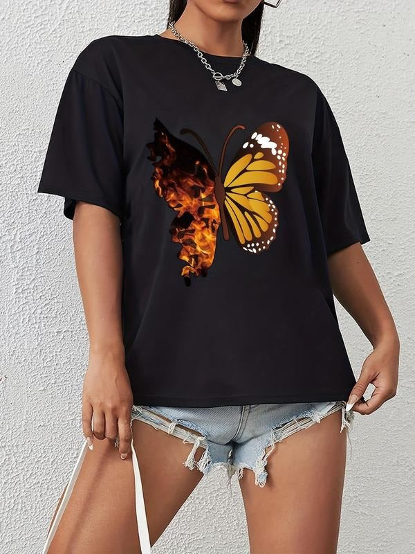 Butterfly Print Round Neck Vintage Casual Drop - Adult & Kids T-Shirts, Sweatshirts & Hoodies apparel design preview 1