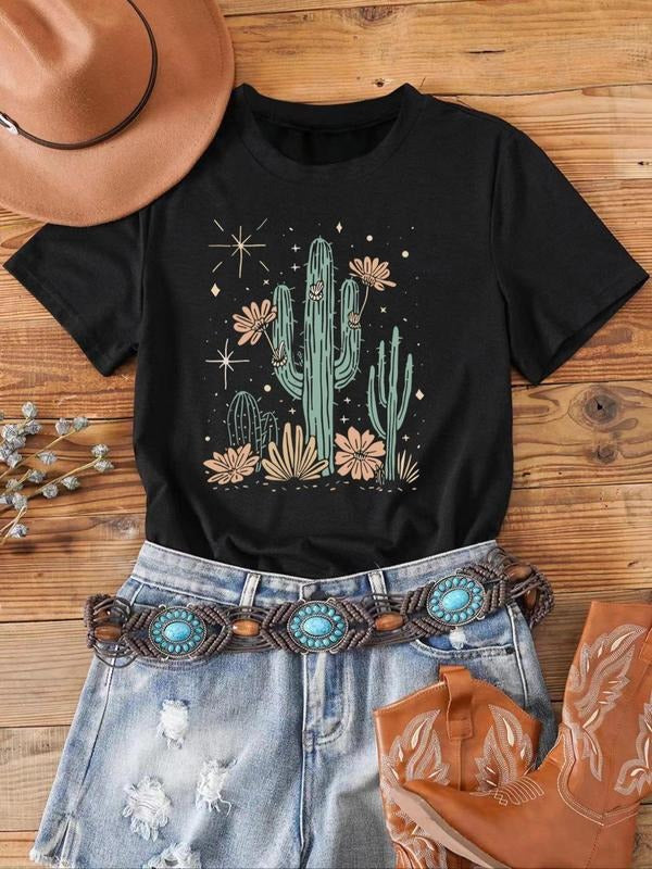 Cactus Print Round Neck Casual Short Sleeve Crew - Adult & Kids T-Shirts, Sweatshirts & Hoodies apparel design preview 1