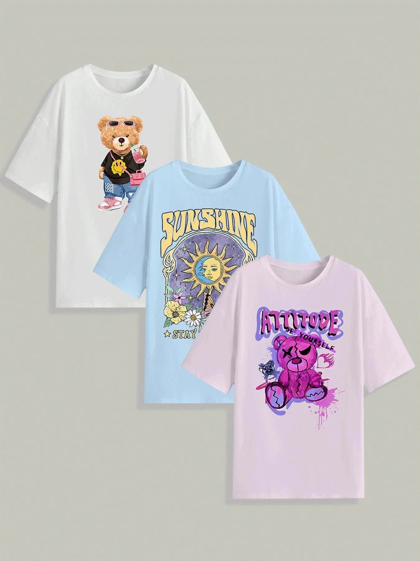 Cartoon Bear Floral Letter Print Round Neck Casual - Adult & Kids T-Shirts, Sweatshirts & Hoodies apparel design preview 1