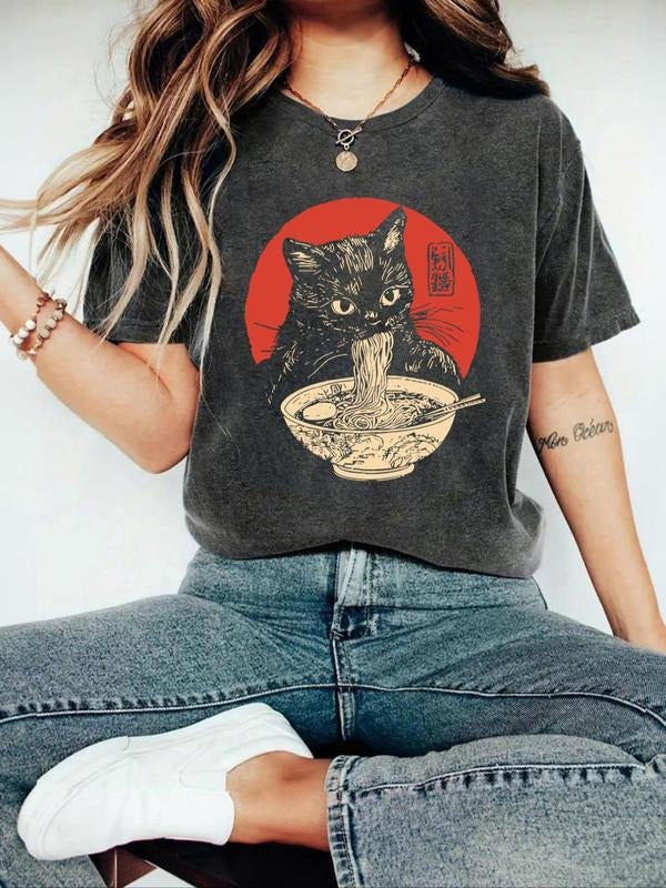 Cartoon Cat Ramen Noodles Print Round Neck Vintage - Adult & Kids T-Shirts, Sweatshirts & Hoodies apparel design preview 1
