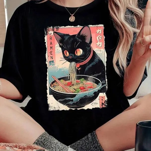 Cartoon Cat Ramen Print Round Neck Casual Drop - Adult & Kids T-Shirts, Sweatshirts & Hoodies apparel design preview 1