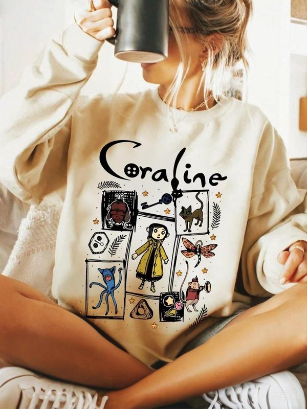 Cartoon Coraline Print Crew Neck Loose Fit Casual - Adult & Kids T-Shirts, Sweatshirts & Hoodies apparel design preview 1