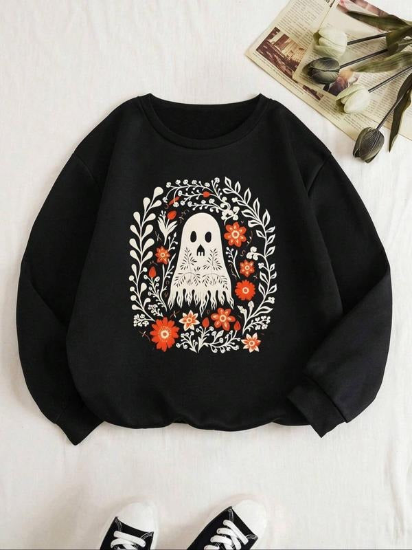 Cartoon Ghost Floral Print Drop Shoulder Casual Round - Adult & Kids T-Shirts, Sweatshirts & Hoodies apparel design preview 1