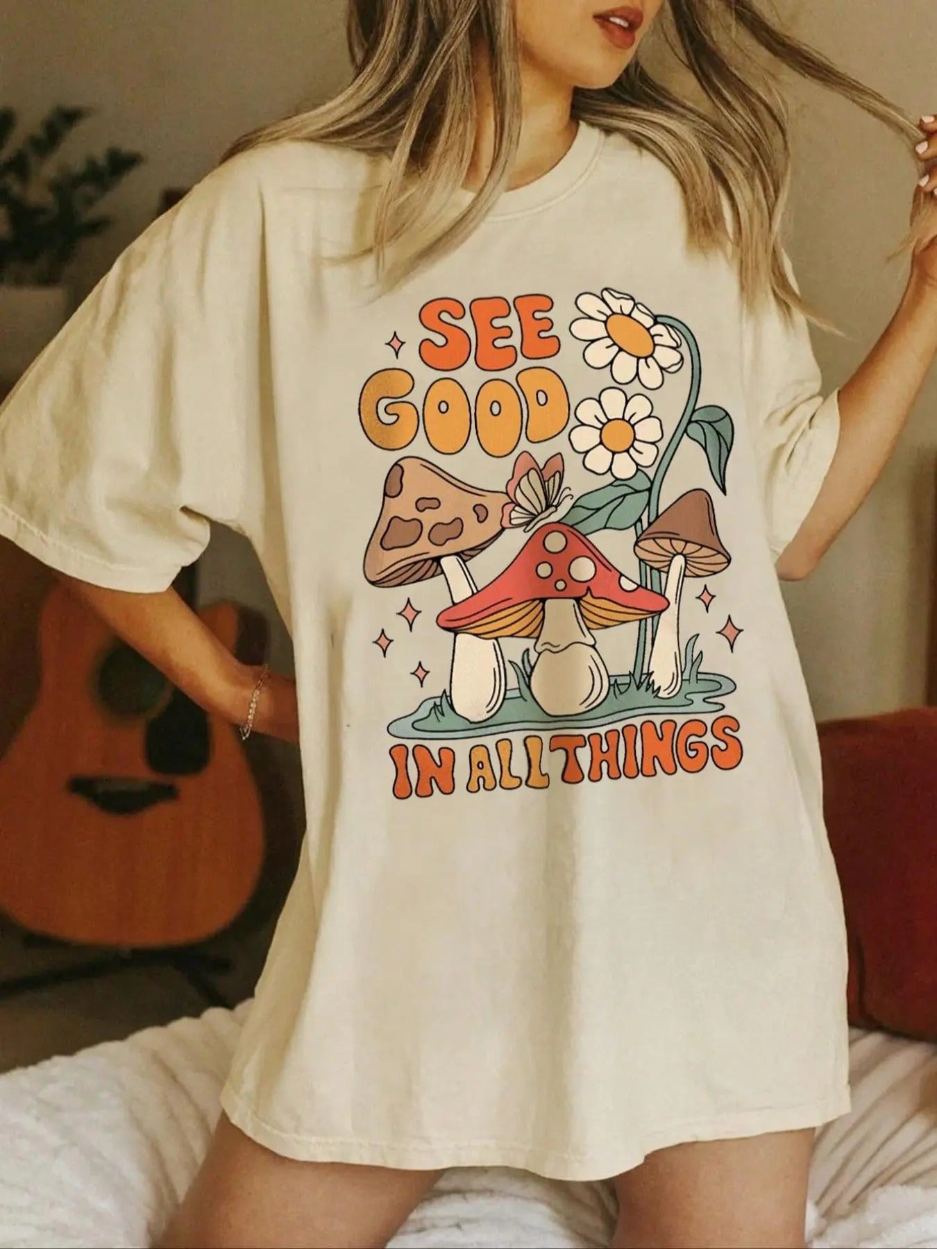 Cartoon Mushroom Letter Print Round Neck Vintage - Adult & Kids T-Shirts, Sweatshirts & Hoodies apparel design preview 1