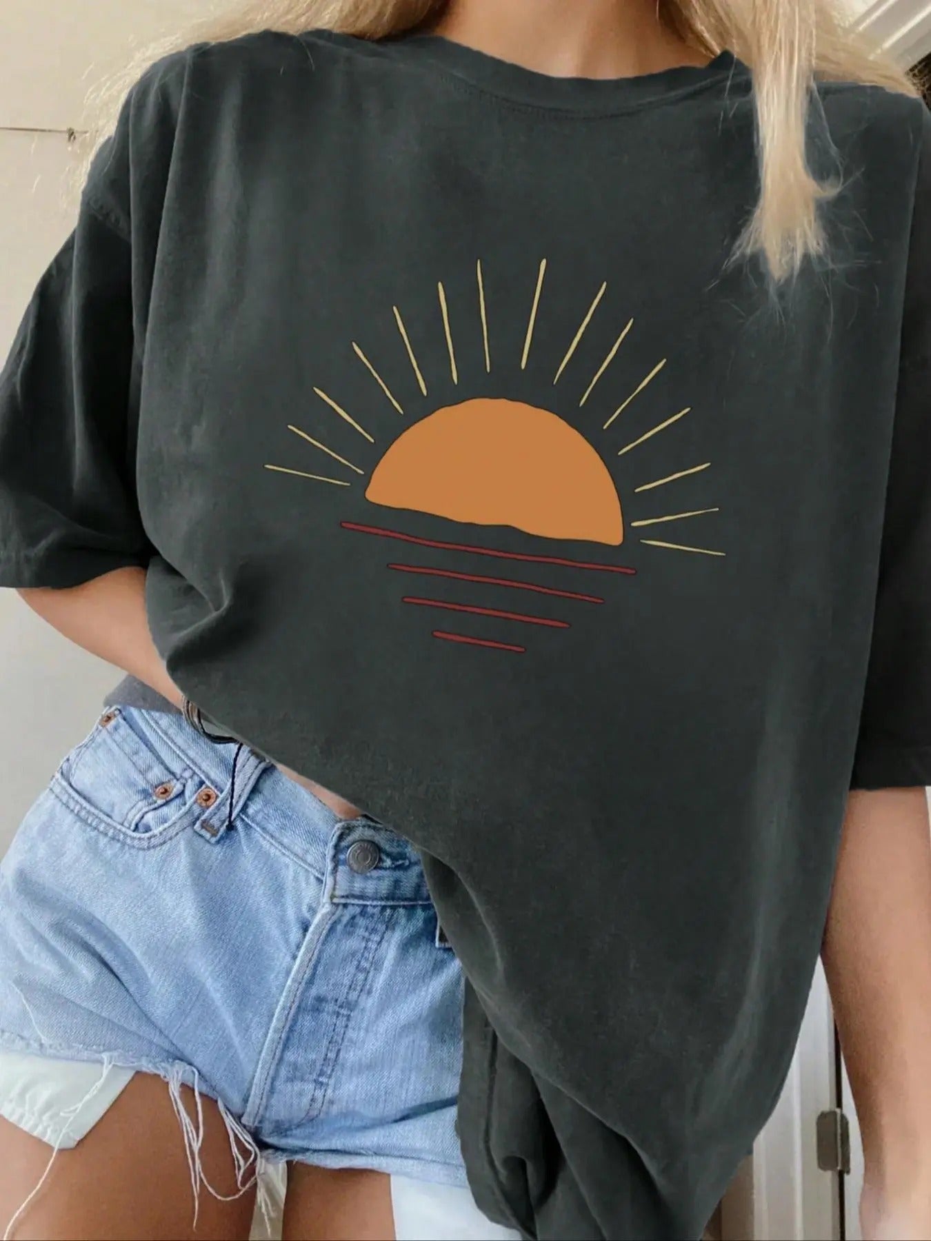 Cartoon Sun Print Round Neck Casual Half Sleeve Crew - Adult & Kids T-Shirts, Sweatshirts & Hoodies apparel design preview 1