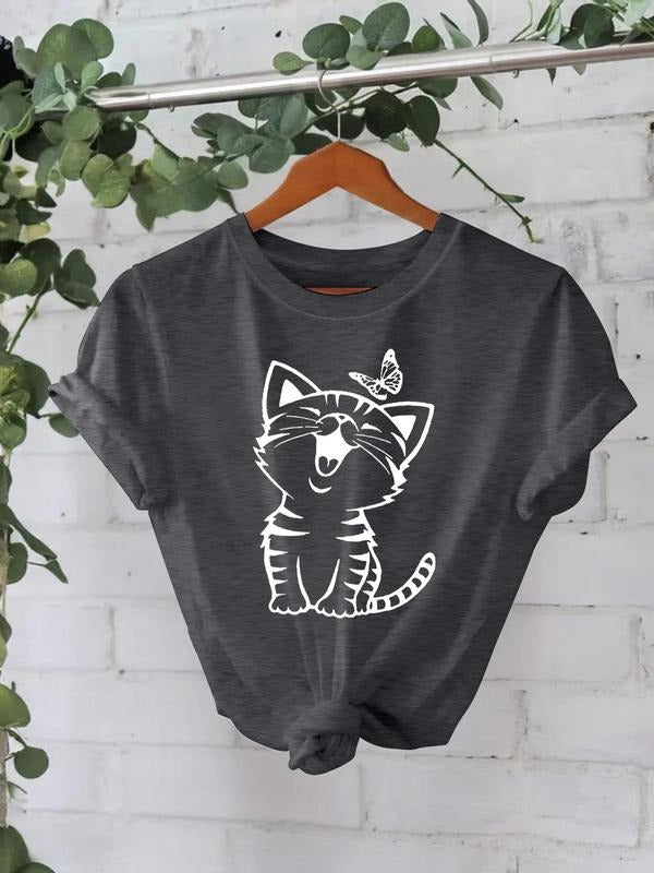 Cat Butterfly Print Round Neck Casual Short Sleeve - Adult & Kids T-Shirts, Sweatshirts & Hoodies apparel design preview 1
