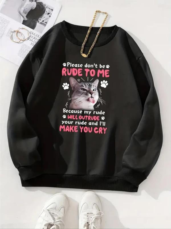 Cat Letter Print Drop Shoulder Casual Round Neck Fall - Adult & Kids T-Shirts, Sweatshirts & Hoodies apparel design preview 1