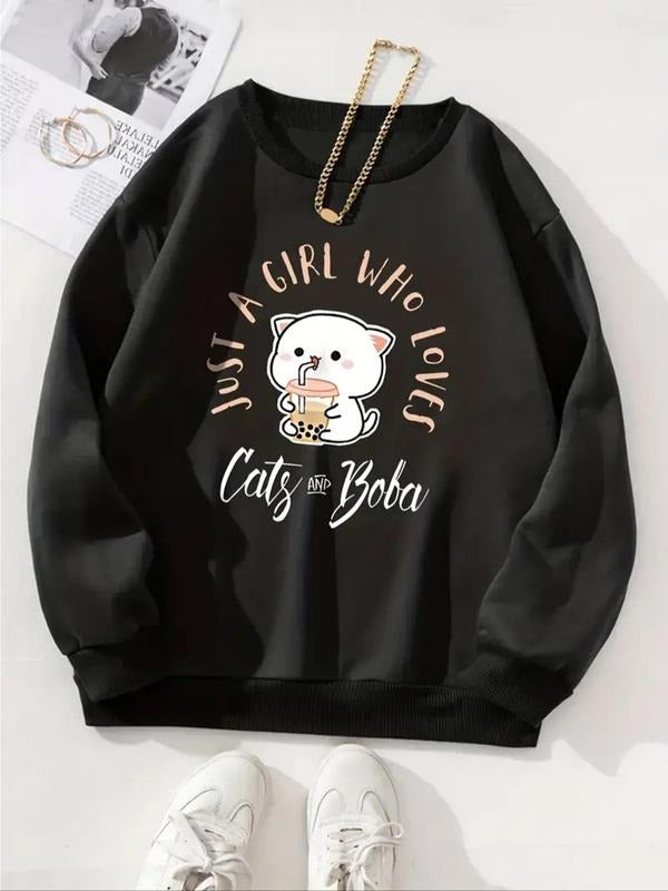 Cat Letter Print Drop Shoulder Casual Round Neck Fall - Adult & Kids T-Shirts, Sweatshirts & Hoodies apparel design preview 1