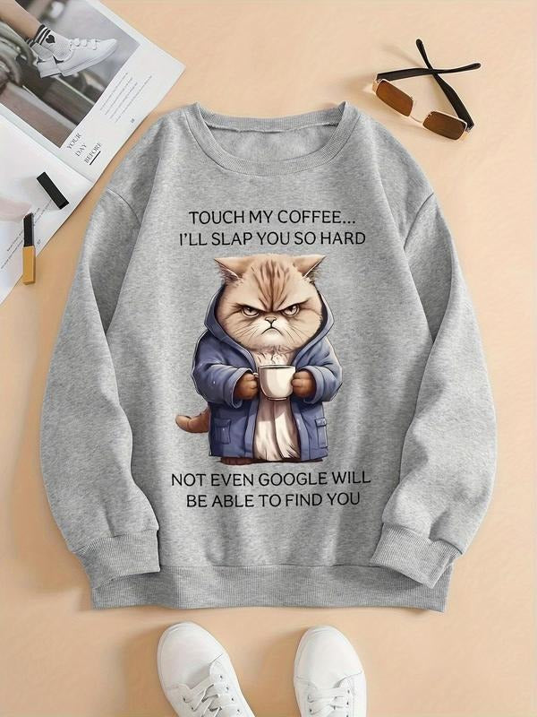 Cat Letter Print Drop Shoulder Casual Round Neck Fall - Adult & Kids T-Shirts, Sweatshirts & Hoodies apparel design preview 1