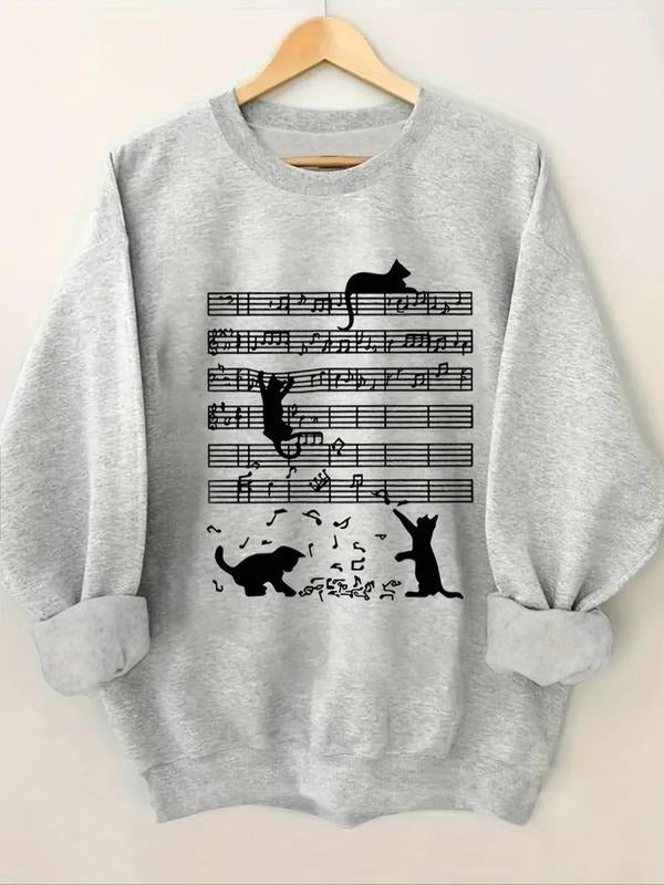 Cat Music Note Print Drop Shoulder Casual Round Neck - Adult & Kids T-Shirts, Sweatshirts & Hoodies apparel design preview 1