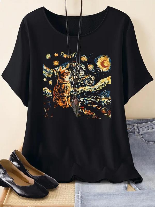 Cat Starry Night Print Round Neck Casual Short Sleeve - Adult & Kids T-Shirts, Sweatshirts & Hoodies apparel design preview 1