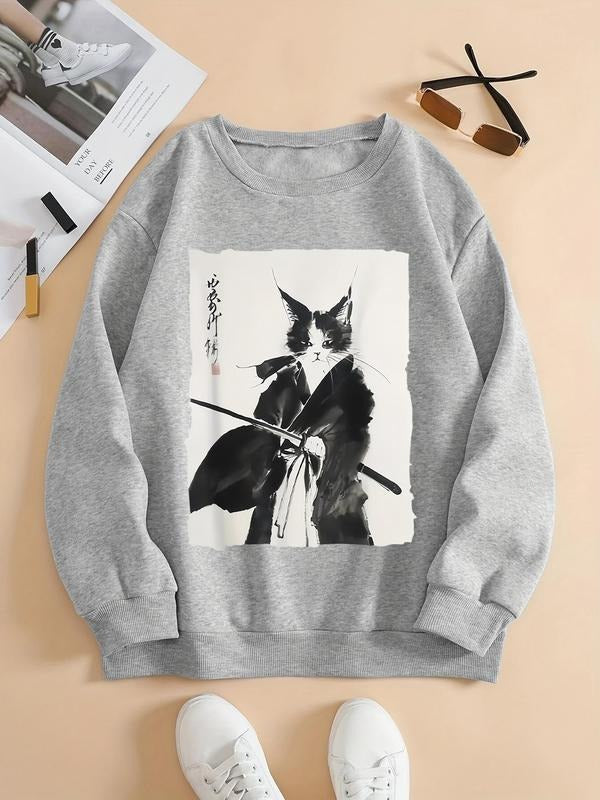 Cat Sword Print Crew Neck Casual Fall Winter Clothes - Adult & Kids T-Shirts, Sweatshirts & Hoodies apparel design preview 1