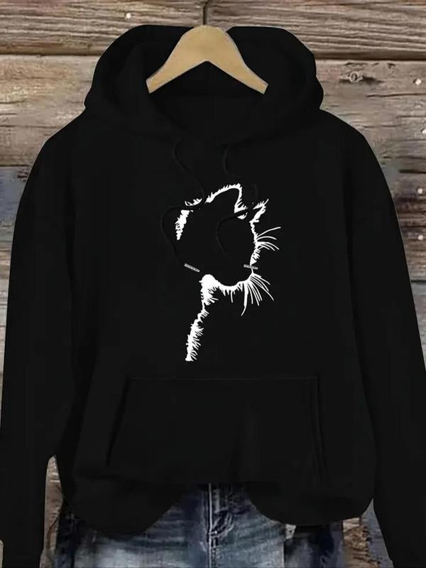Cat Print Drawstring Pocket Casual Drop Shoulder - Adult & Kids T-Shirts, Sweatshirts & Hoodies apparel design preview 1