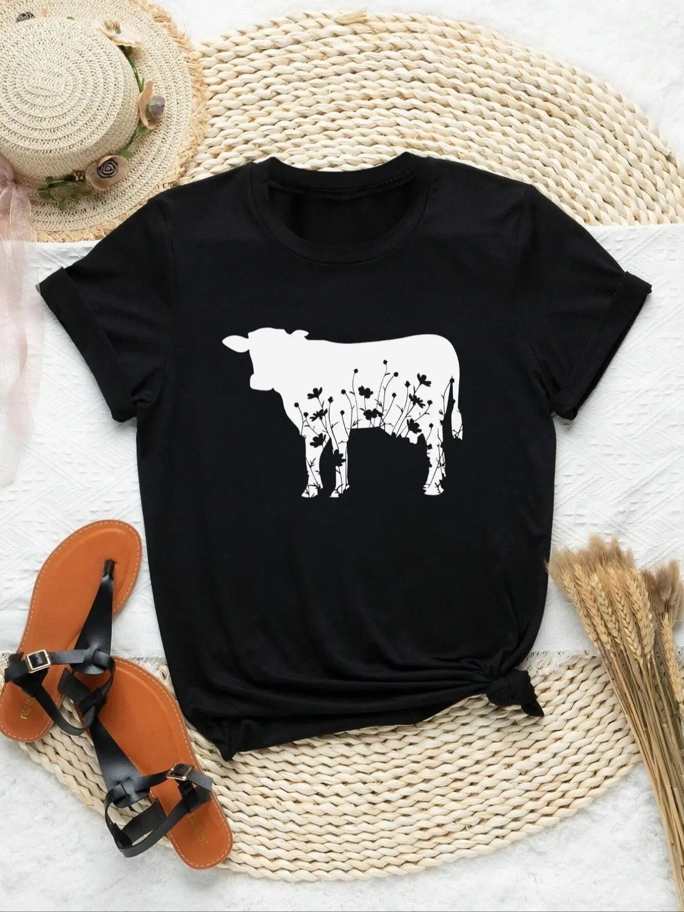 Cow Floral Print Round Neck Casual Short Sleeve Crew - Adult & Kids T-Shirts, Sweatshirts & Hoodies apparel design preview 1