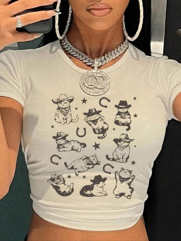 Cowboy Cat Print Round Neck Casual Short Sleeve Crew - Adult & Kids T-Shirts, Sweatshirts & Hoodies apparel design preview 1