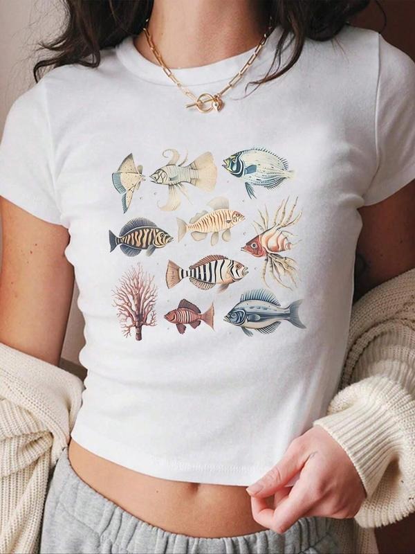 Fish Print Round Neck Crop Casual Short Sleeve Crew - Adult & Kids T-Shirts, Sweatshirts & Hoodies apparel design preview 1