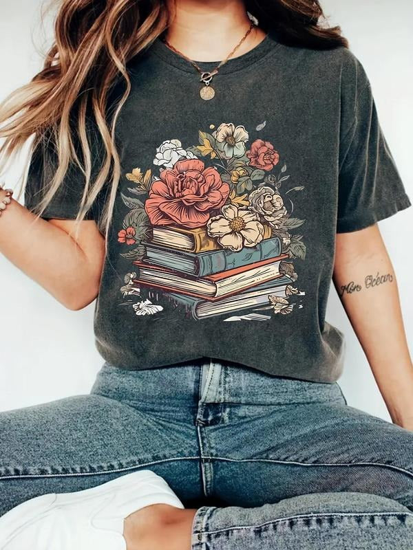 Floral Book Print Round Neck Vintage Casual Short - Adult & Kids T-Shirts, Sweatshirts & Hoodies apparel design preview 1