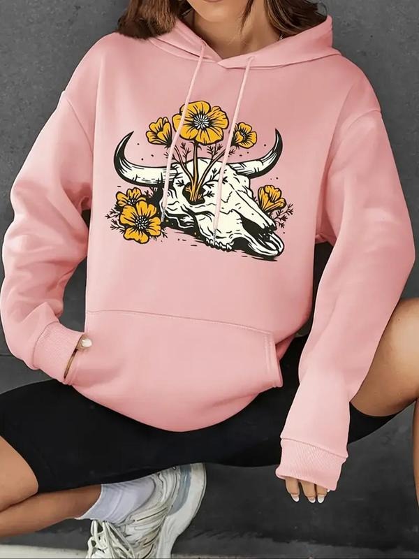 Floral Bull Head Print Casual Drawstring Kangaroo - Adult & Kids T-Shirts, Sweatshirts & Hoodies apparel design preview 1