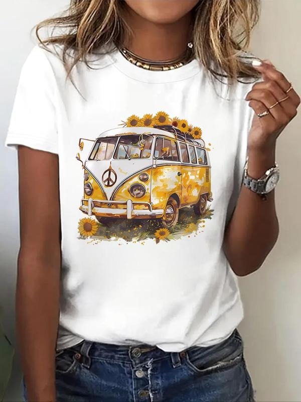 Floral Bus Print Round Neck Vintage Casual Short - Adult & Kids T-Shirts, Sweatshirts & Hoodies apparel design preview 1