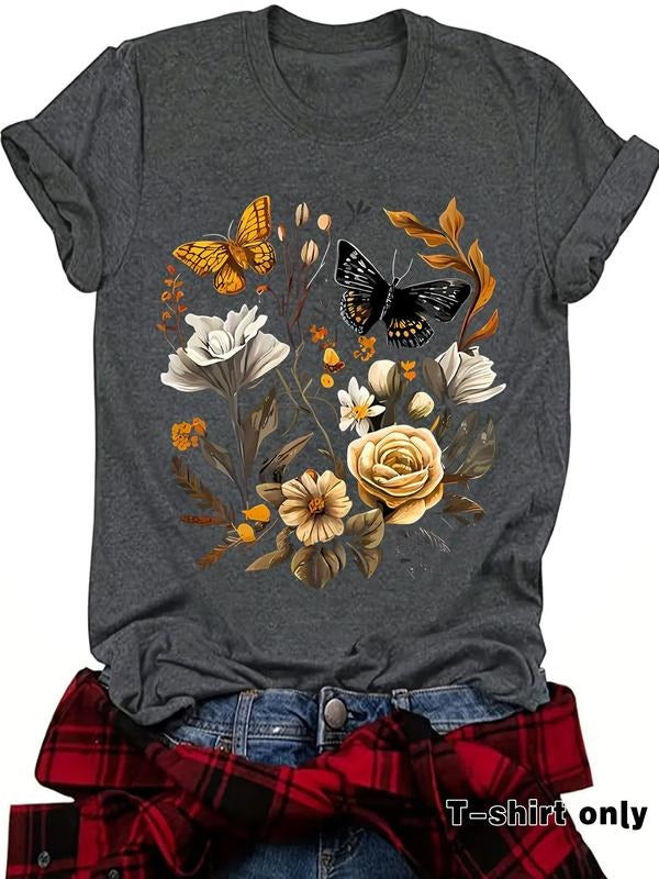 Floral Butterfly Print Round Neck Casual Short Sleeve - Adult & Kids T-Shirts, Sweatshirts & Hoodies apparel design preview 1
