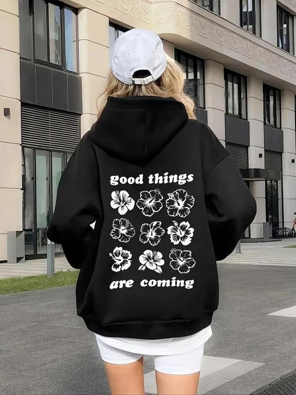 Floral Letter Print Drop Shoulder Casual Drawstring - Adult & Kids T-Shirts, Sweatshirts & Hoodies apparel design preview 1