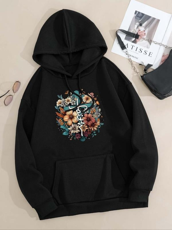 Floral Letter Print Drop Shoulder Casual Drawstring - Adult & Kids T-Shirts, Sweatshirts & Hoodies apparel design preview 1