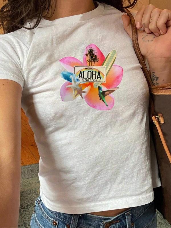 Floral Letter Print Round Neck Crop Casual Crew Short - Adult & Kids T-Shirts, Sweatshirts & Hoodies apparel design preview 1