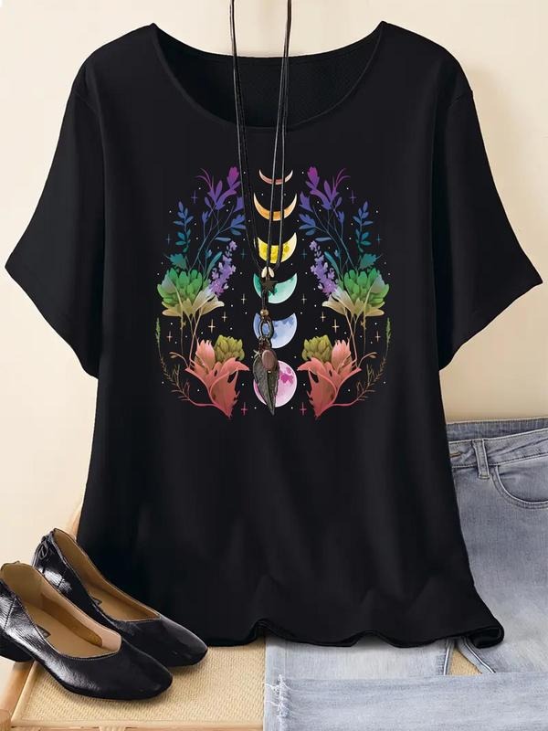Floral Moon Print Round Neck Casual Comfy Short - Adult & Kids T-Shirts, Sweatshirts & Hoodies apparel design preview 1