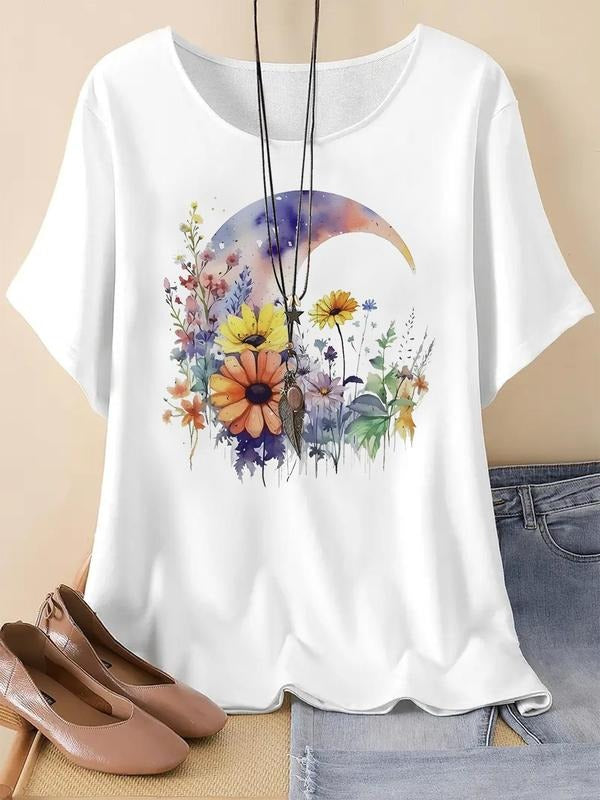 Floral Moon Print Round Neck Casual Short Sleeve - Adult & Kids T-Shirts, Sweatshirts & Hoodies apparel design preview 1