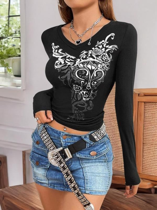 Floral Print Casual Vintage 90s Gothic V Neck Lady - Adult & Kids T-Shirts, Sweatshirts & Hoodies apparel design preview 1