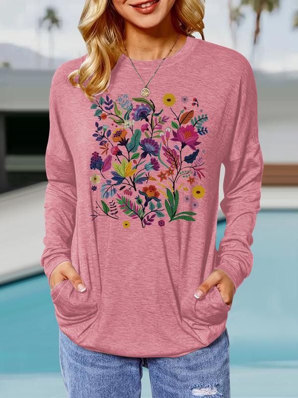 Floral Print Round Neck Casual Loose Fit Pockets - Adult & Kids T-Shirts, Sweatshirts & Hoodies apparel design preview 1
