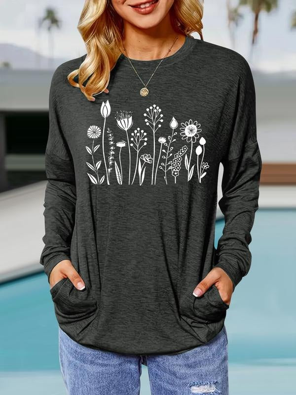 Floral Print Round Neck Casual Loose Fit Pockets - Adult & Kids T-Shirts, Sweatshirts & Hoodies apparel design preview 1
