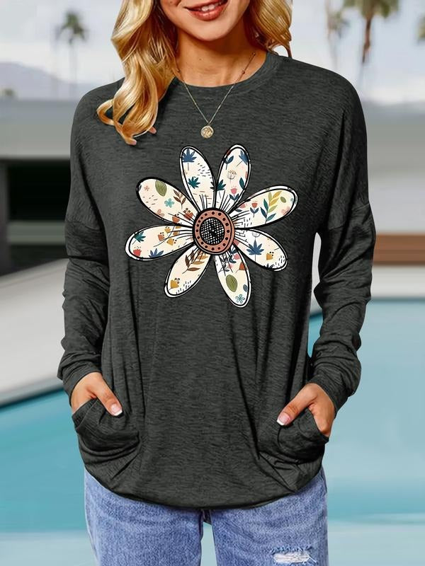 Floral Print Round Neck Casual Loose Fit Pockets - Adult & Kids T-Shirts, Sweatshirts & Hoodies apparel design preview 1