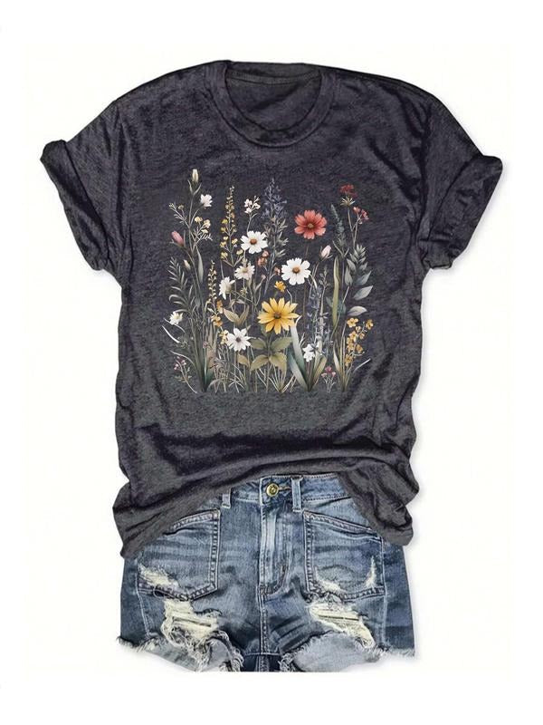 Floral Print Round Neck Vintage Casual Fitted Short - Adult & Kids T-Shirts, Sweatshirts & Hoodies apparel design preview 1