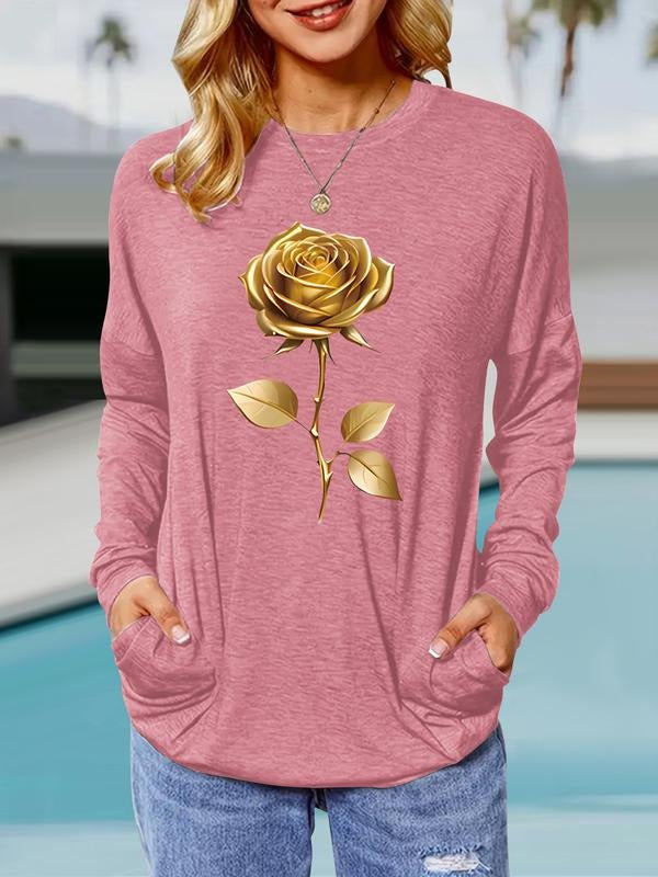 Gold Rose Print Round Neck Casual Loose Fit Spring - Adult & Kids T-Shirts, Sweatshirts & Hoodies apparel design preview 1