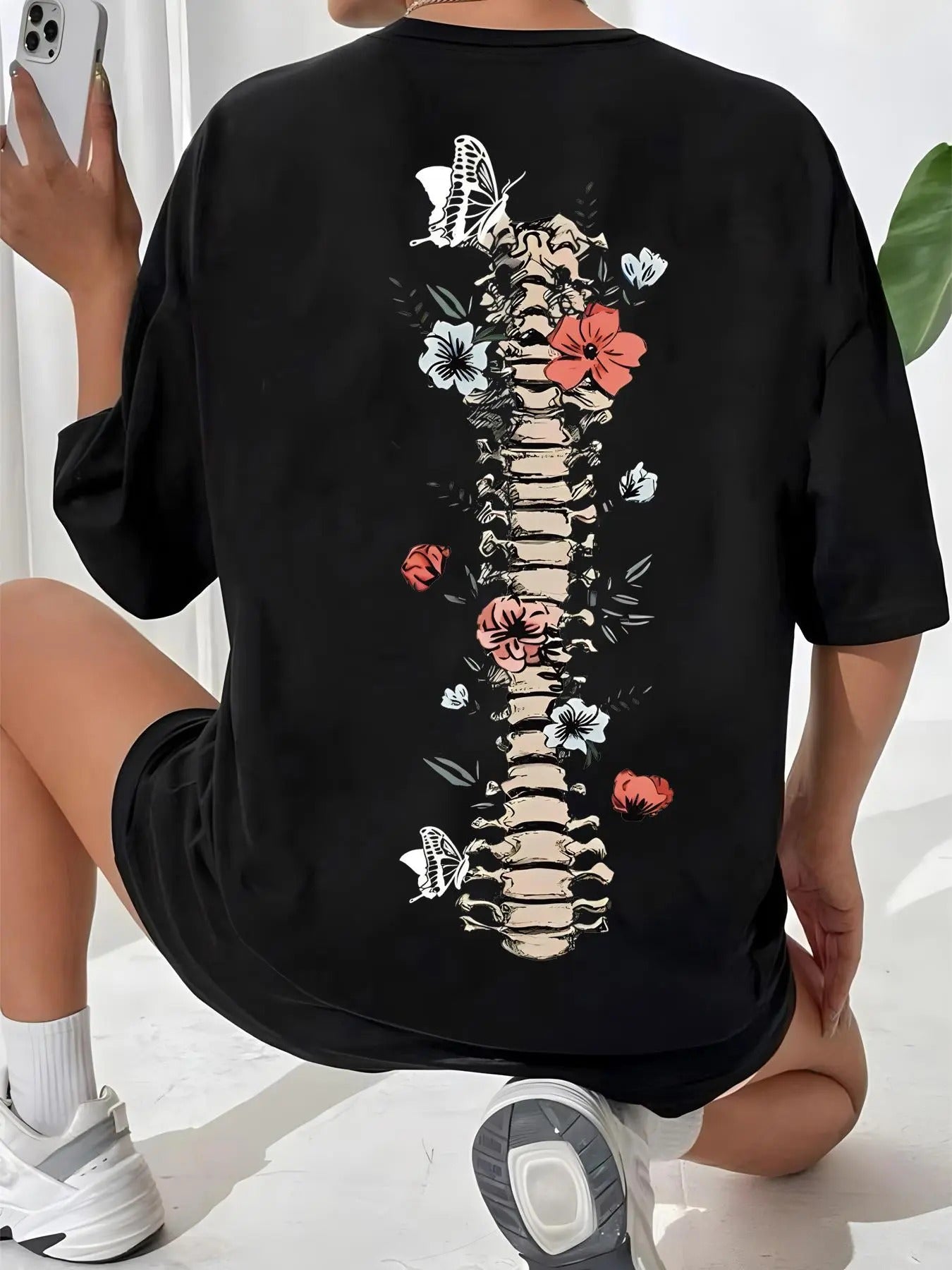 Drop Shoulder Skeleton Floral Print Half Sleeve Chic - Adult & Kids T-Shirts, Sweatshirts & Hoodies apparel design preview 1
