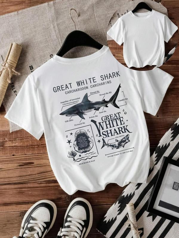 Great White Shark Print Round Neck Casual Short - Adult & Kids T-Shirts, Sweatshirts & Hoodies apparel design preview 1