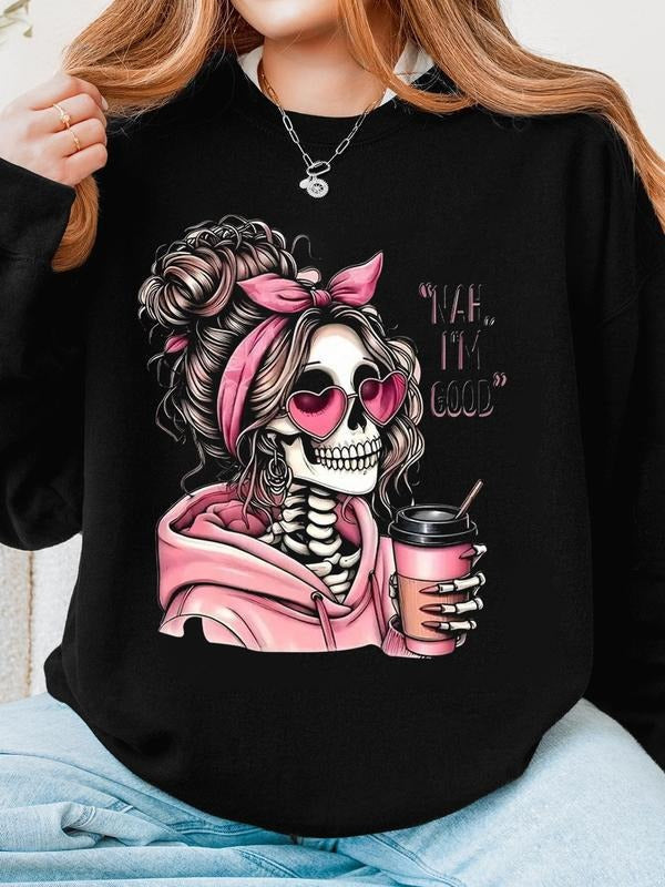 Halloween Party Skull Girl Holding Drink Print Casual - Adult & Kids T-Shirts, Sweatshirts & Hoodies apparel design preview 1