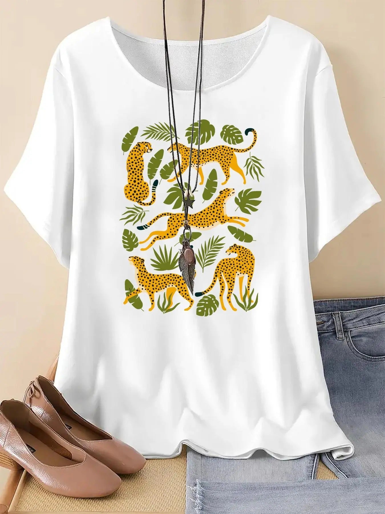 Leopard Leaf Print Round Neck Casual Short Sleeve - Adult & Kids T-Shirts, Sweatshirts & Hoodies apparel design preview 1