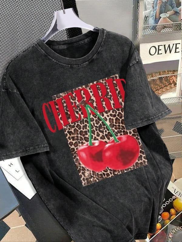 Leopard Cherry Letter Print Vintage Washed Casual - Adult & Kids T-Shirts, Sweatshirts & Hoodies apparel design preview 1